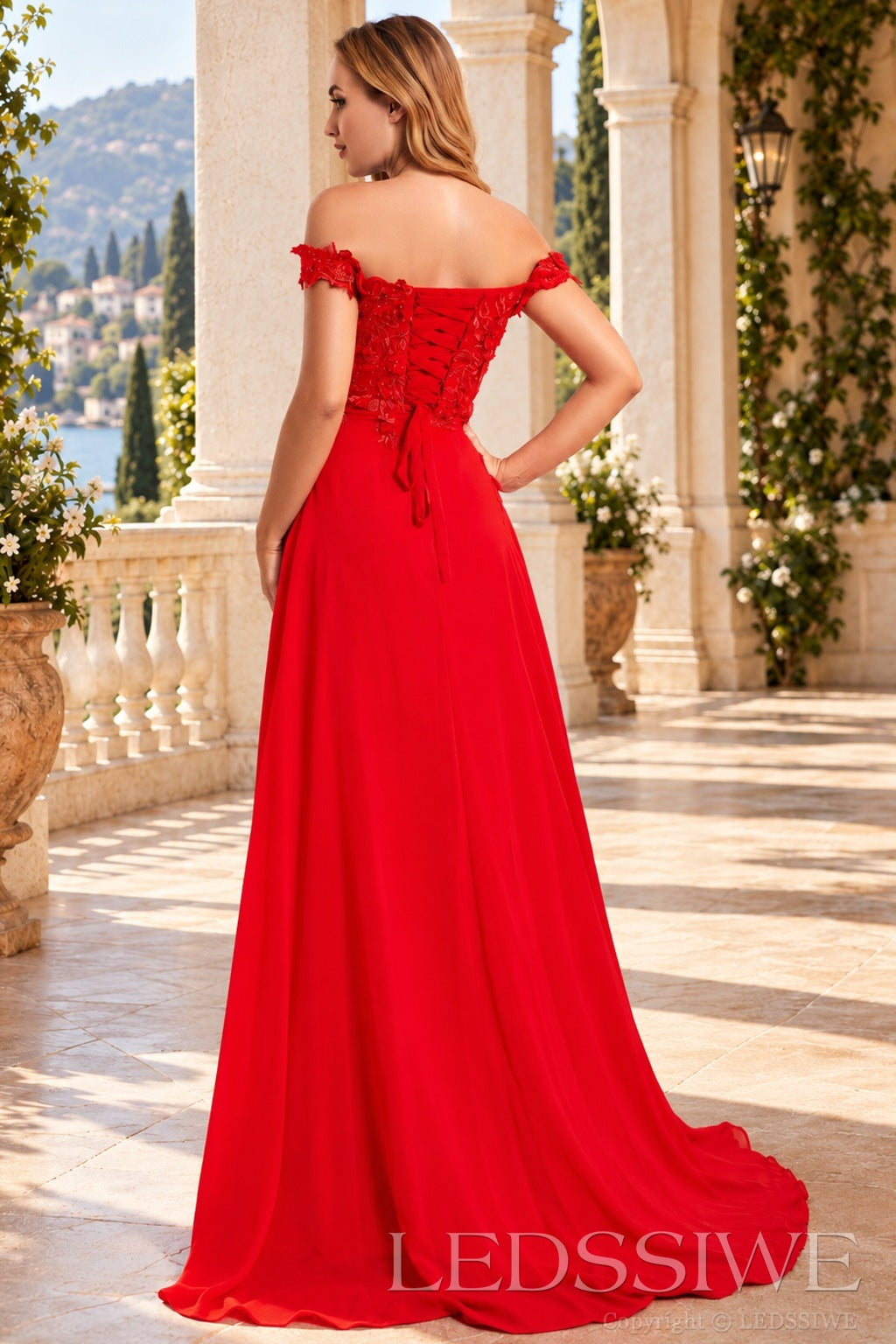 Red off-the-shoulder lace appliqué chiffon a-line prom dress with slit lace-up back detail