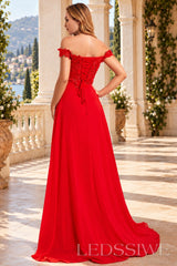 Red off-the-shoulder lace appliqué chiffon a-line prom dress with slit lace-up back detail