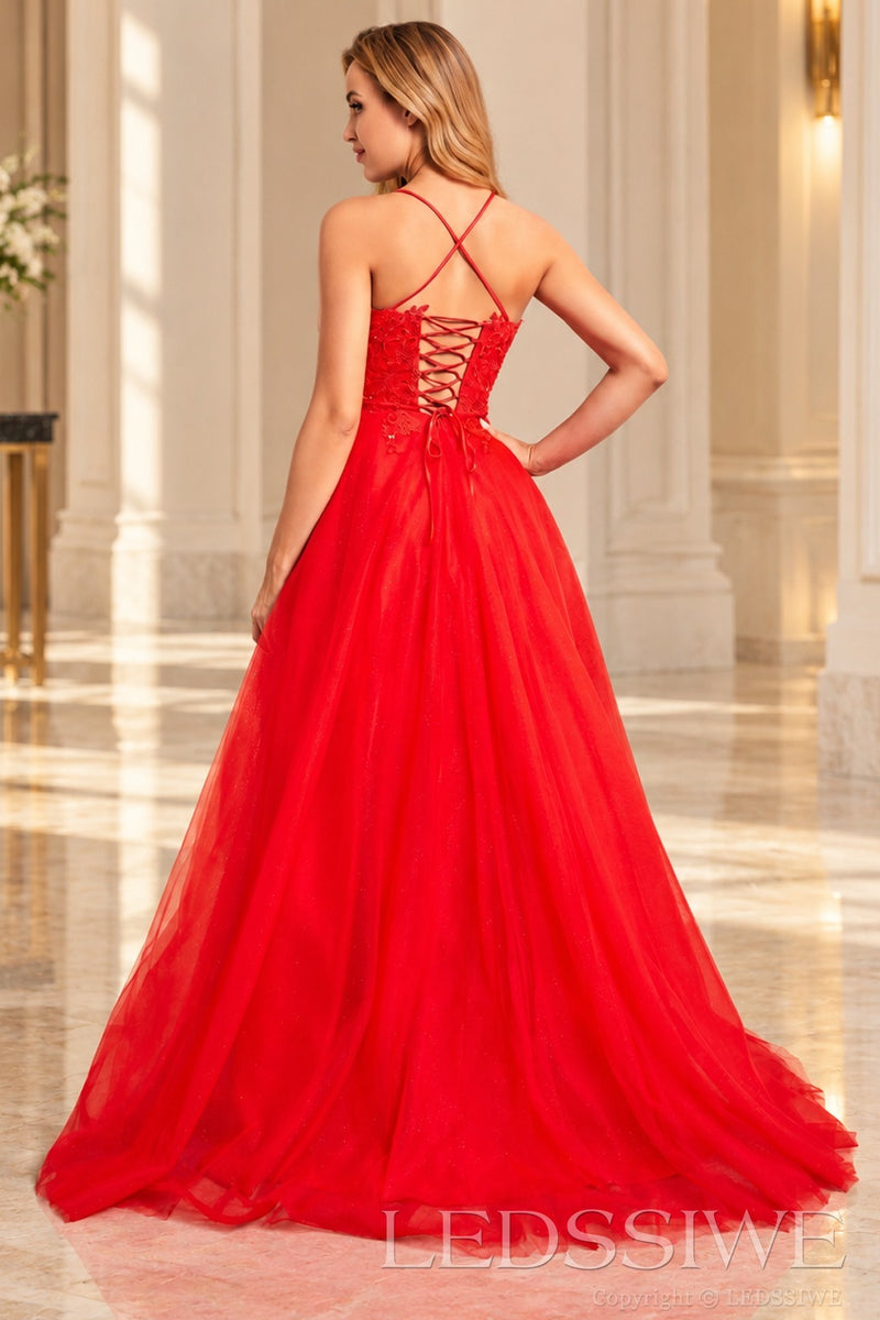Red single strap tulle ball gown prom dress with lace-up back lace-up open back detail