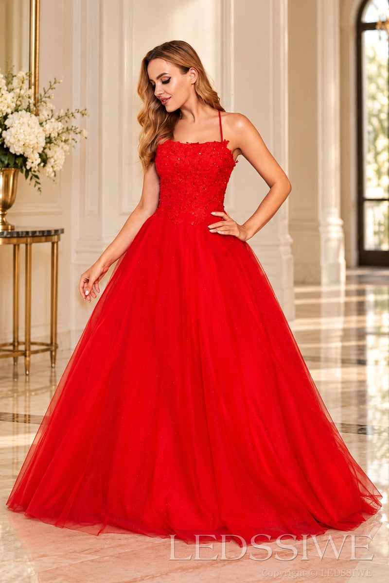 Red single strap tulle ball gown prom dress with lace-up back front view
