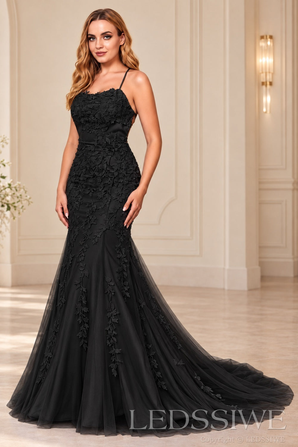 Black mermaid tulle prom dress with lace appliqués and lace-up open back