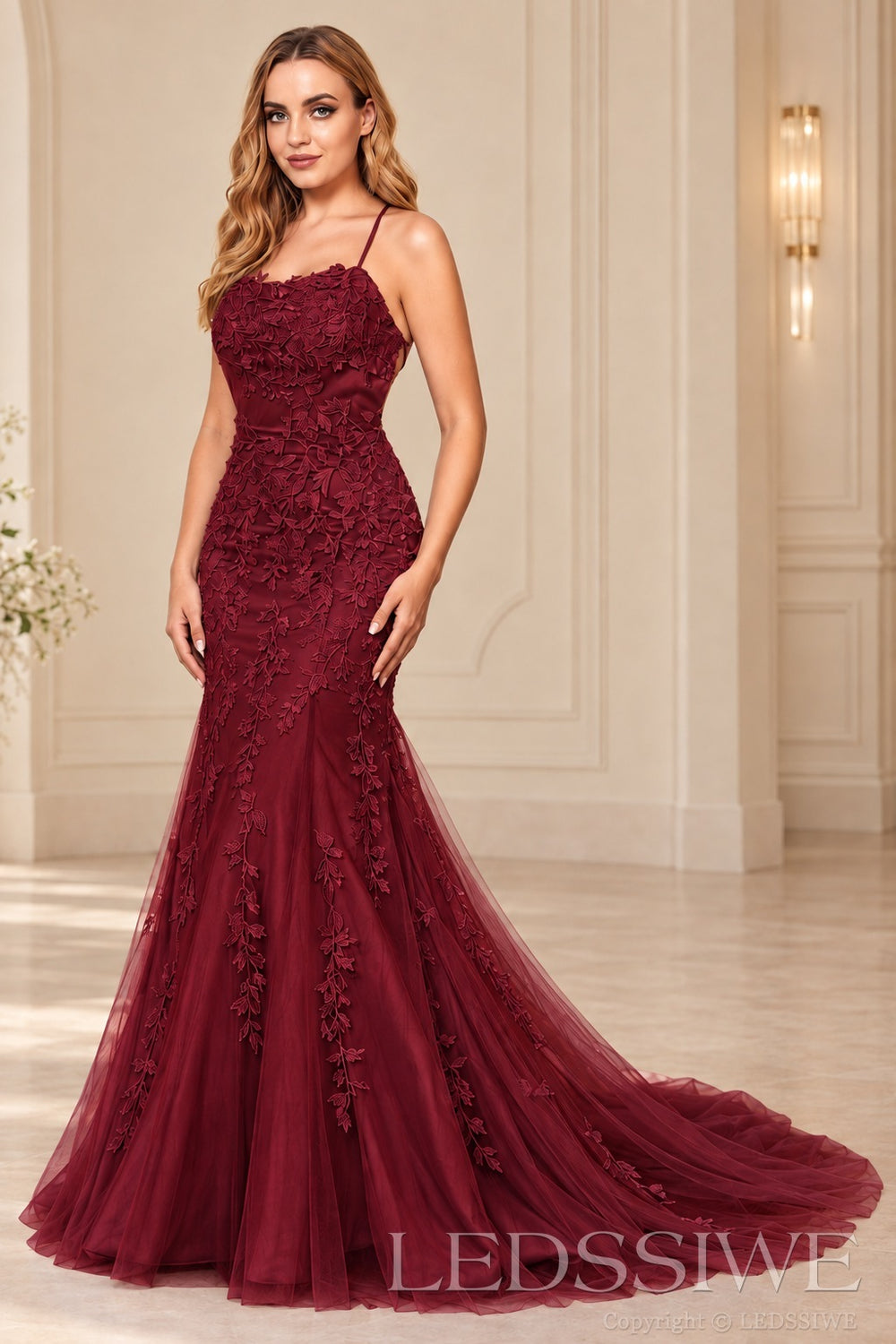 Burgundy mermaid tulle prom dress with lace appliqués and lace-up open back