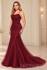 Burgundy mermaid tulle prom dress with lace appliqués and lace-up open back
