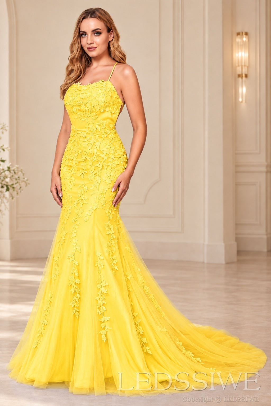 Daffodil mermaid tulle prom dress with lace appliqués and lace-up open back