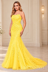 Daffodil mermaid tulle prom dress with lace appliqués and lace-up open back