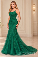 Emerald mermaid tulle prom dress with lace appliqués and lace-up open back