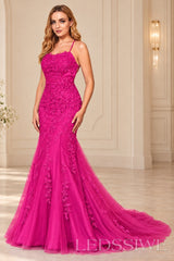 Fuchsia mermaid tulle prom dress with lace appliqués and lace-up open back