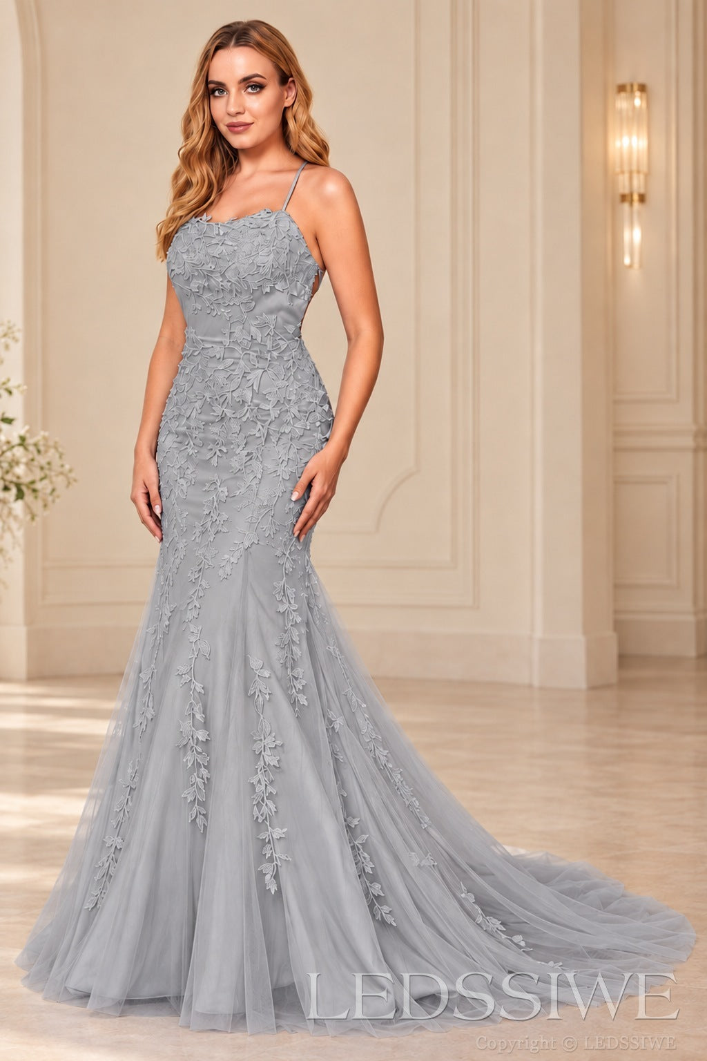 Grey mermaid tulle prom dress with lace appliqués and lace-up open back