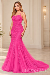 Hot-Pink mermaid tulle prom dress with lace appliqués and lace-up open back