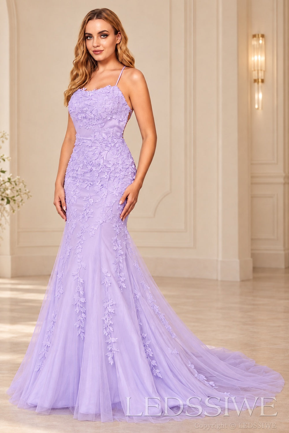Lavender mermaid tulle prom dress with lace appliqués and lace-up open back