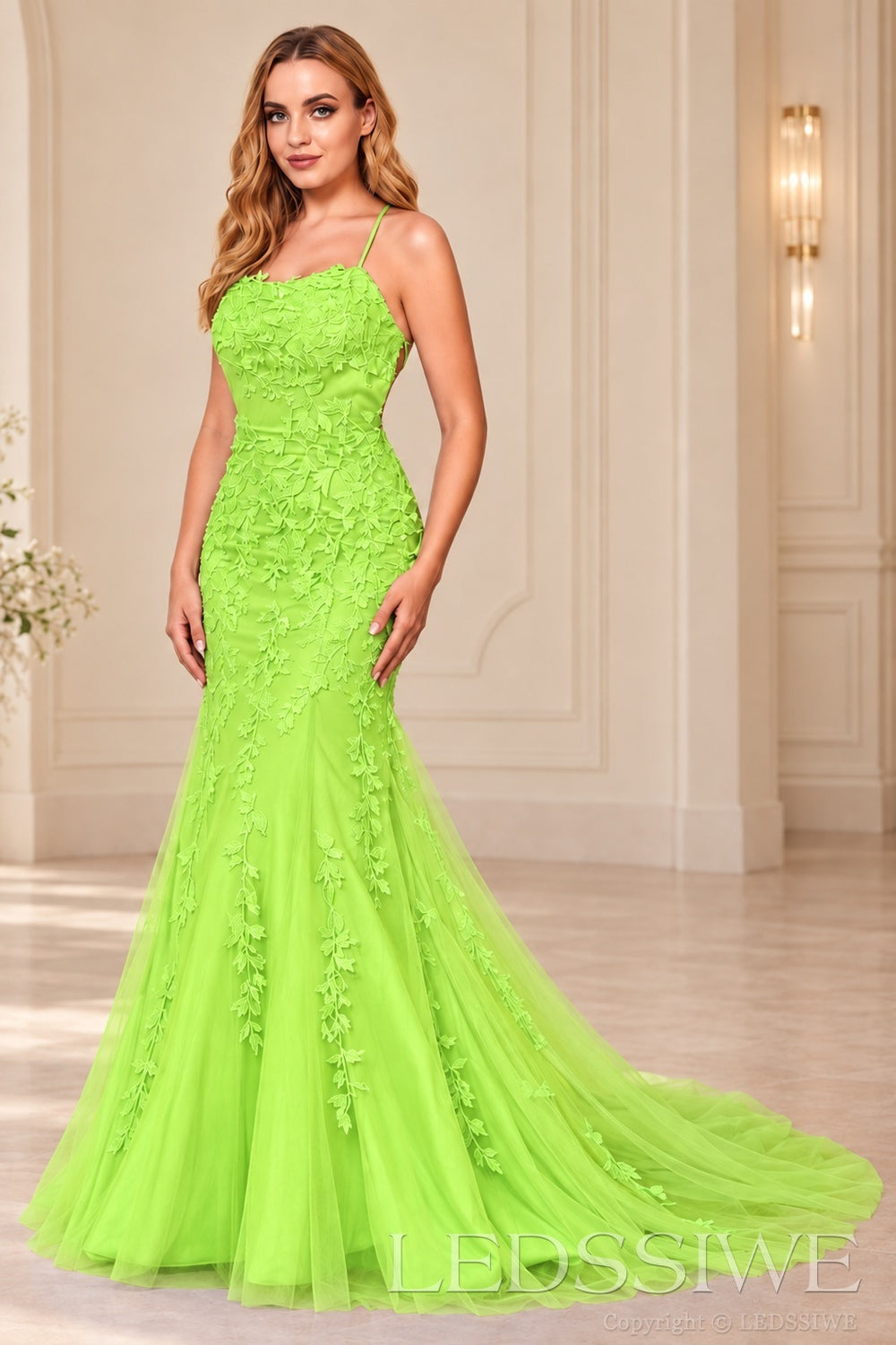 Lime-Green mermaid tulle prom dress with lace appliqués and lace-up open back