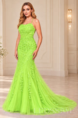 Lime-Green mermaid tulle prom dress with lace appliqués and lace-up open back