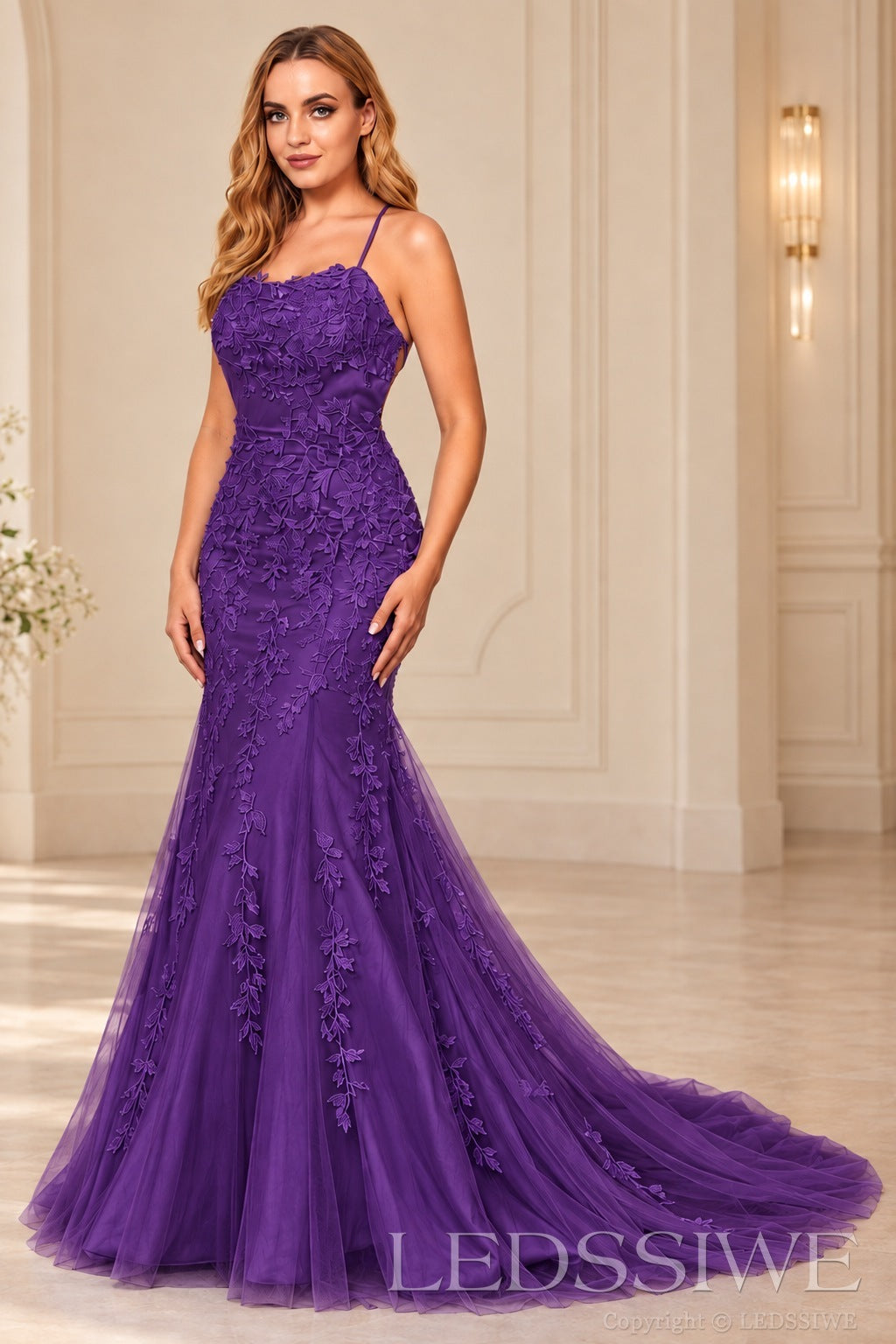 Purple mermaid tulle prom dress with lace appliqués and lace-up open back