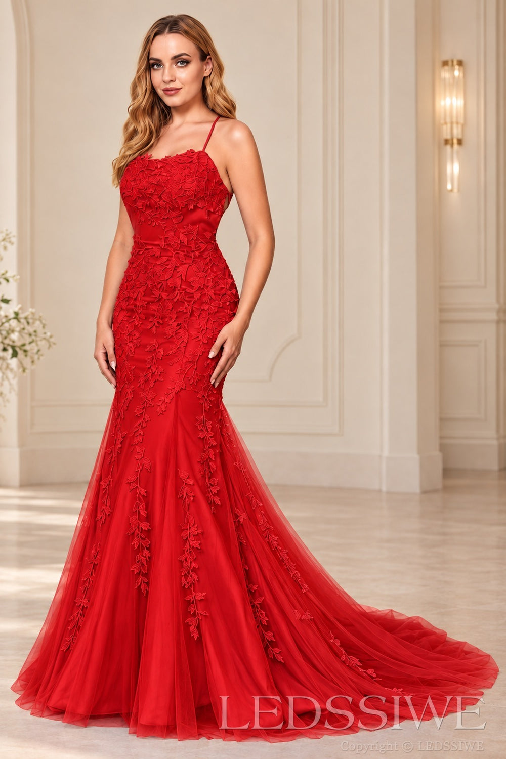 Red mermaid tulle prom dress with lace appliqués and lace-up open back