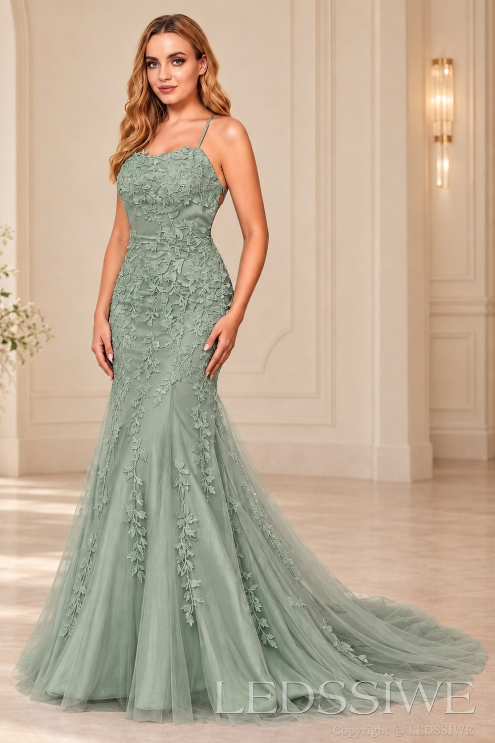 Sage mermaid tulle prom dress with lace appliqués and lace-up open back