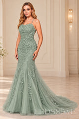Sage mermaid tulle prom dress with lace appliqués and lace-up open back