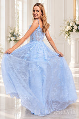 Blue off-the-shoulder tulle a-line prom dress with corset bodice and slit lace corset back detail