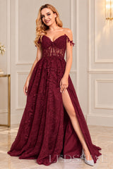 Burgundy off-the-shoulder tulle a-line prom dress with corset bodice and slit