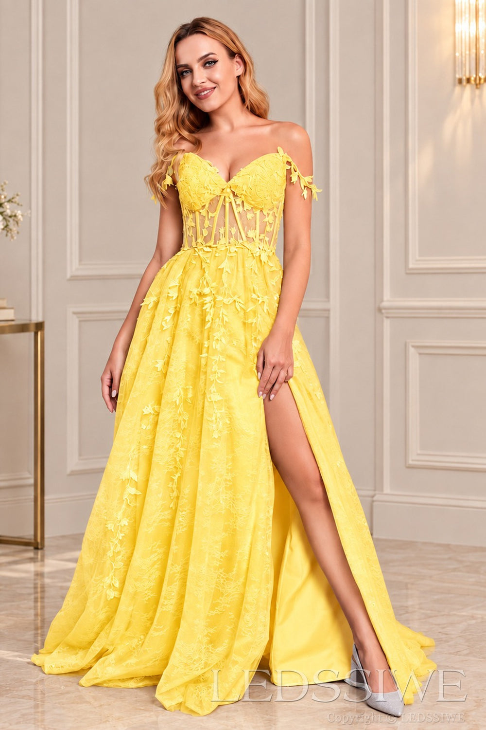 Daffodil off-the-shoulder tulle a-line prom dress with corset bodice and slit
