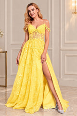 Daffodil off-the-shoulder tulle a-line prom dress with corset bodice and slit