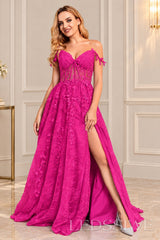 Fuchsia off-the-shoulder tulle a-line prom dress with corset bodice and slit