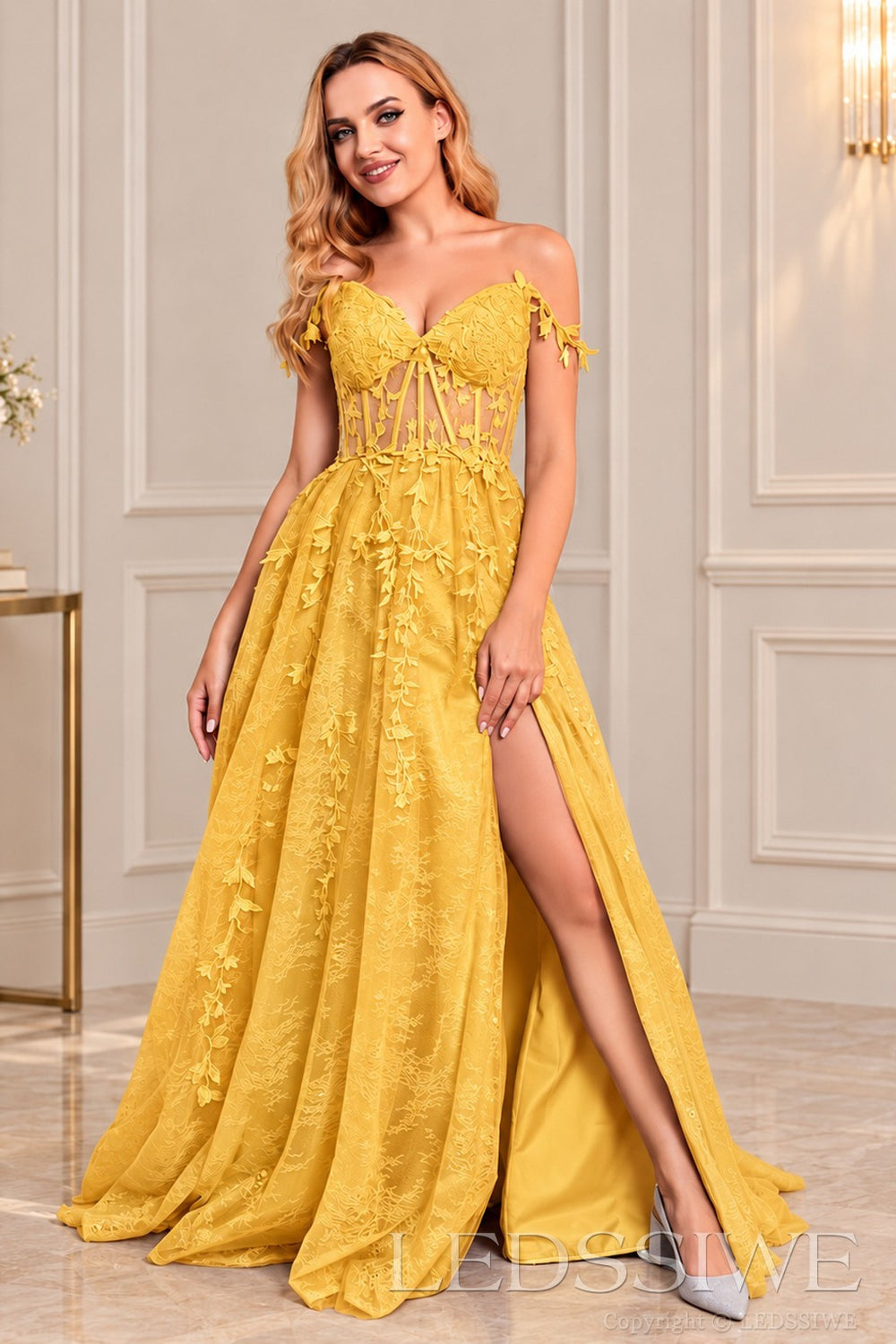 Gold off-the-shoulder tulle a-line prom dress with corset bodice and slit