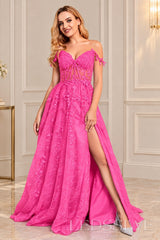Hot-Pink off-the-shoulder tulle a-line prom dress with corset bodice and slit