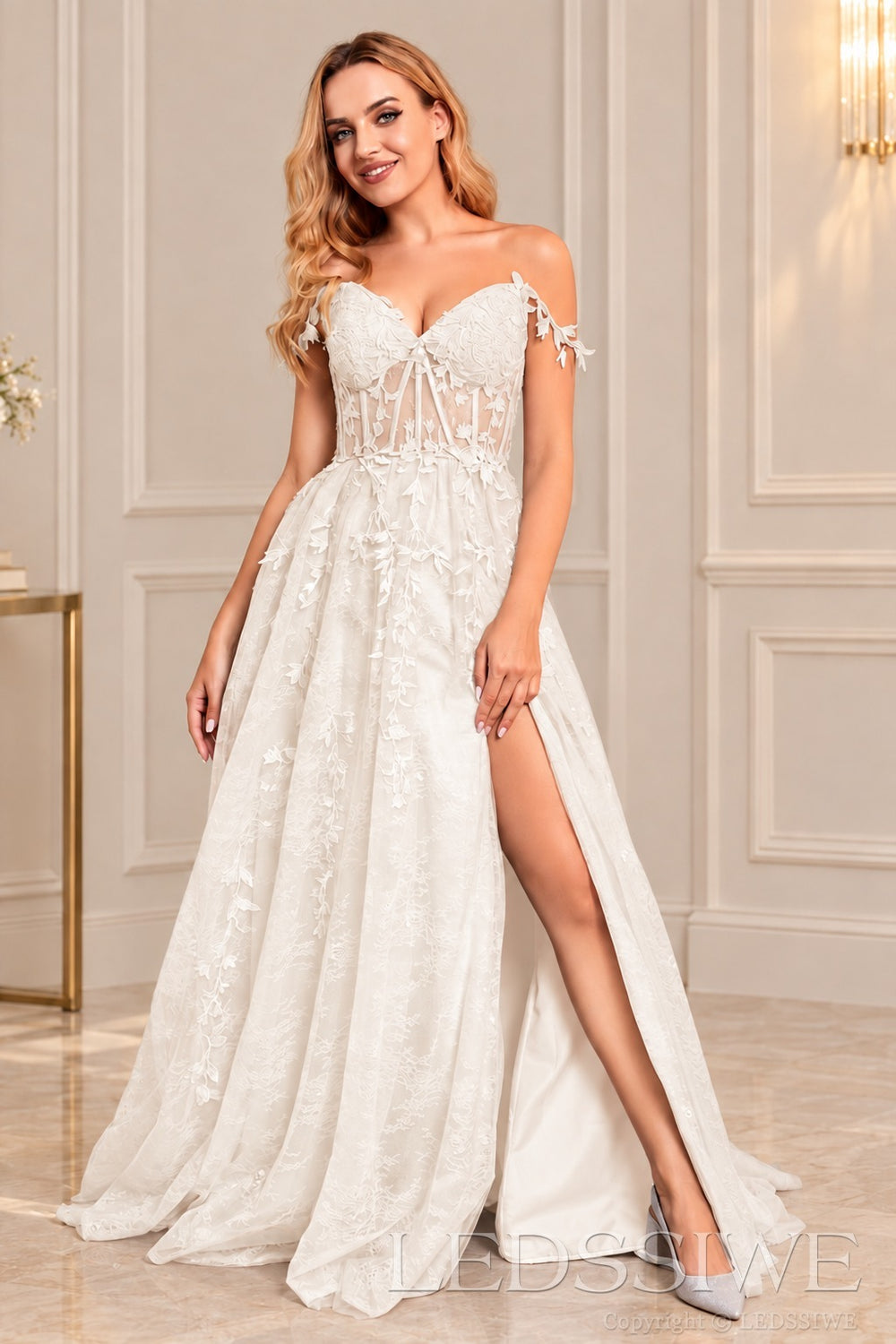 Ivory off-the-shoulder tulle a-line prom dress with corset bodice and slit