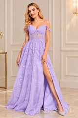 Lavender off-the-shoulder tulle a-line prom dress with corset bodice and slit