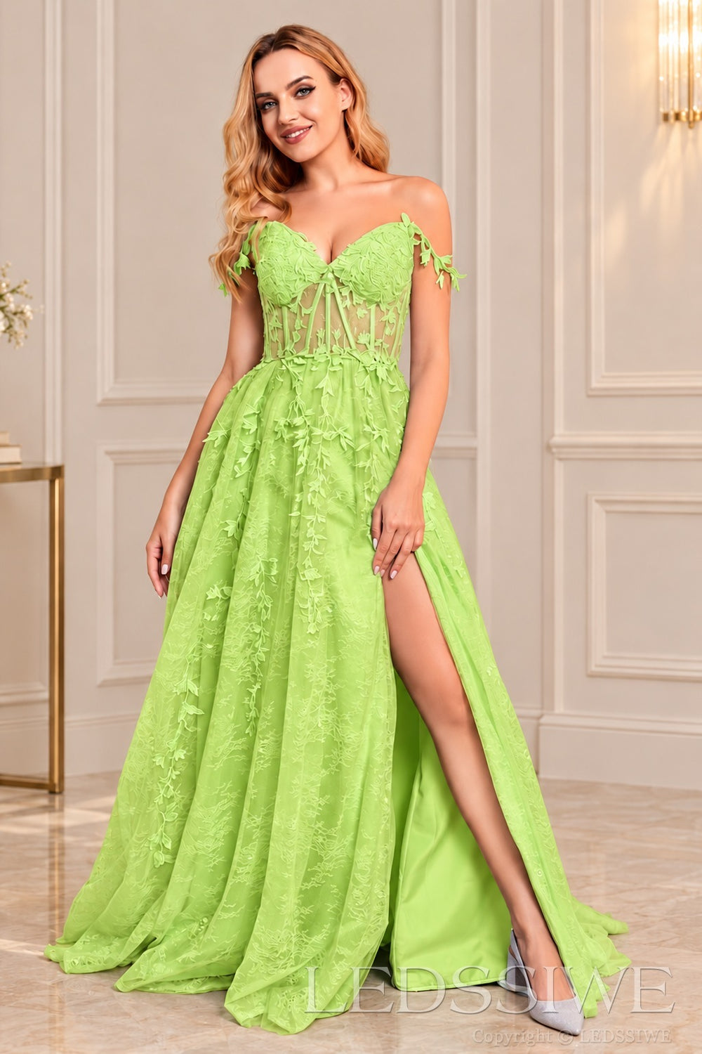Lime-Green off-the-shoulder tulle a-line prom dress with corset bodice and slit