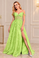 Lime-Green off-the-shoulder tulle a-line prom dress with corset bodice and slit