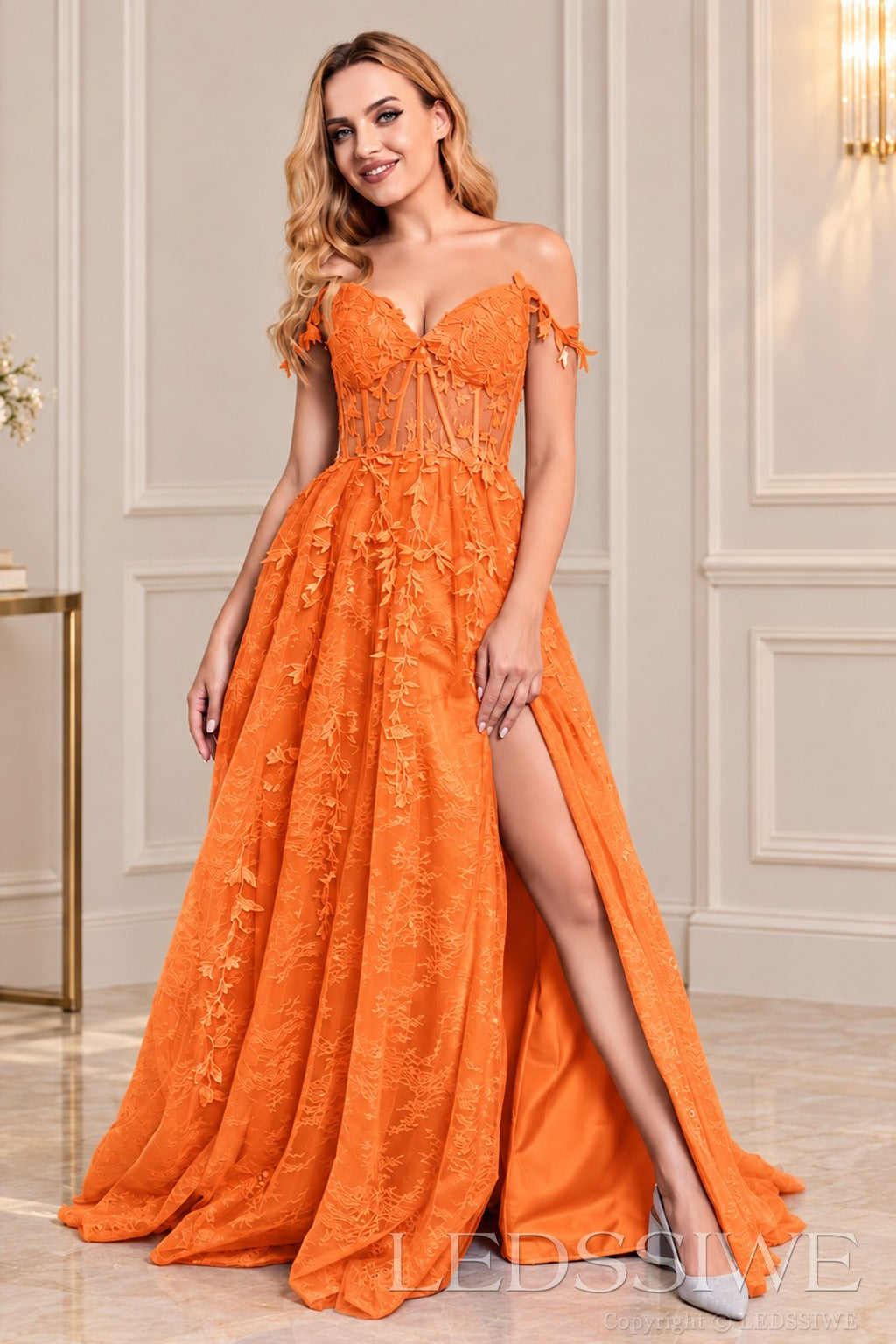 Orange off-the-shoulder tulle a-line prom dress with corset bodice and slit