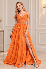 Orange off-the-shoulder tulle a-line prom dress with corset bodice and slit