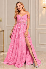 Pink off-the-shoulder tulle a-line prom dress with corset bodice and slit