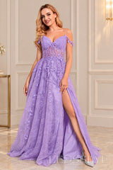 Purple off-the-shoulder tulle a-line prom dress with corset bodice and slit