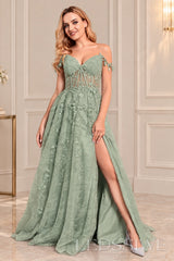 Sage off-the-shoulder tulle a-line prom dress with corset bodice and slit