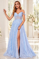 Blue off-the-shoulder tulle a-line prom dress with corset bodice and slit front view