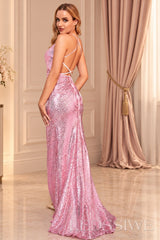 Pink sequin v-neck mermaid prom dress with lace-up open back crisscross lace-up open back detail