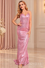 Pink sequin v-neck mermaid prom dress with lace-up open back front view