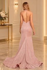 Dusty-Rose glitter halter v-neck mermaid prom dress with open back plunging open back detail