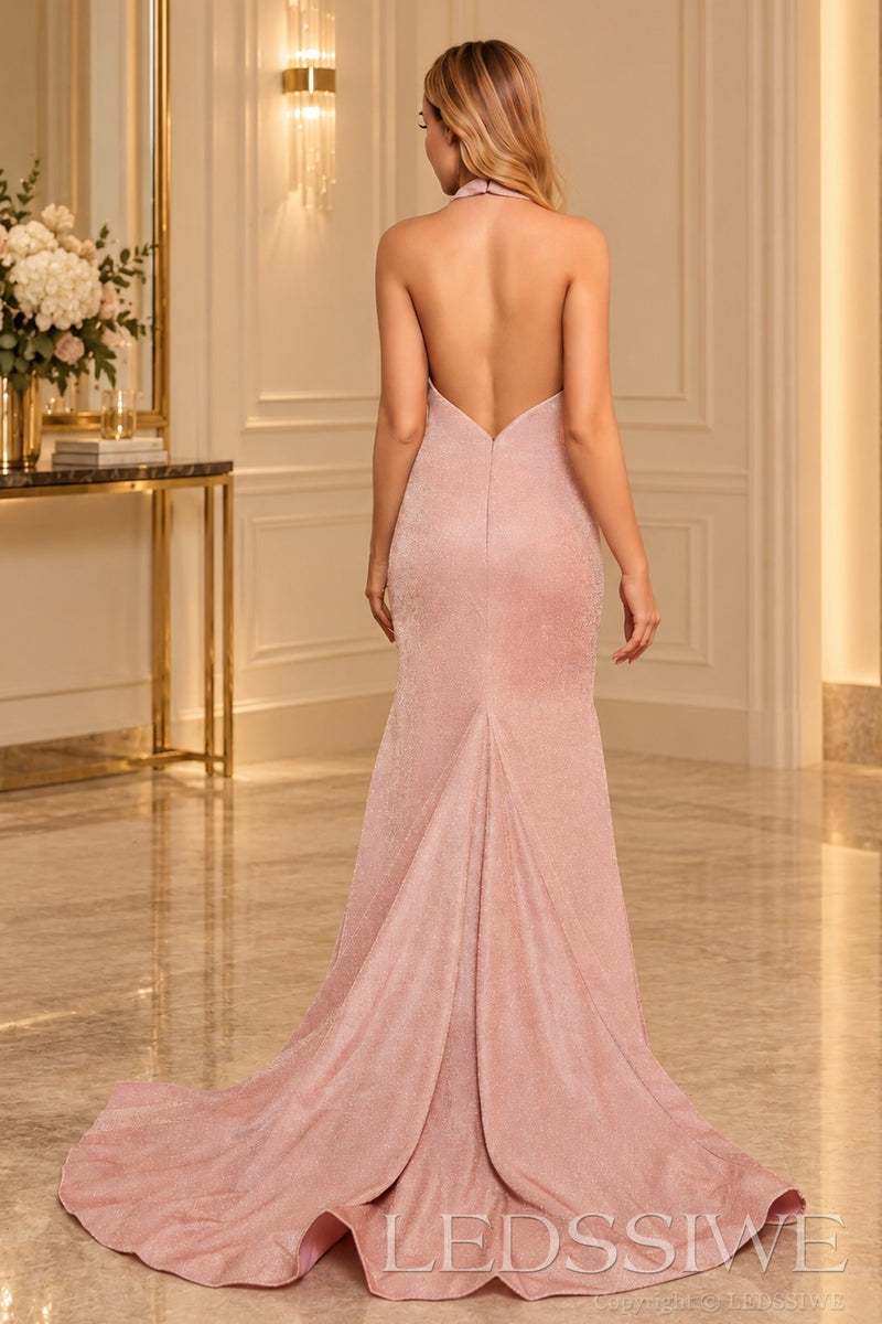 Dusty-Rose glitter halter v-neck mermaid prom dress with open back plunging open back detail