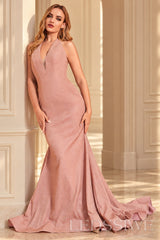 Dusty-Rose glitter halter v-neck mermaid prom dress with open back front view