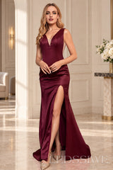 Burgundy satin v-neck mermaid prom dress with slit and open back