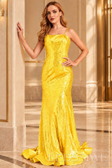 Daffodil spaghetti strap sequin mermaid prom dress with sweep train