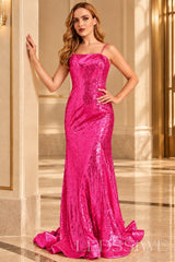 Hot-Pink spaghetti strap sequin mermaid prom dress with sweep train