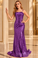 Purple spaghetti strap sequin mermaid prom dress with sweep train