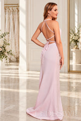 Pale-Pink crepe mermaid prom dress with lace-up open back lace-up open back detail