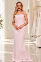 Pale-Pink crepe mermaid prom dress with lace-up open back three-quarter front view