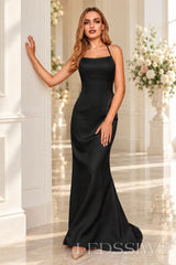 Black crepe mermaid prom dress with lace-up open back