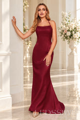 Burgundy crepe mermaid prom dress with lace-up open back
